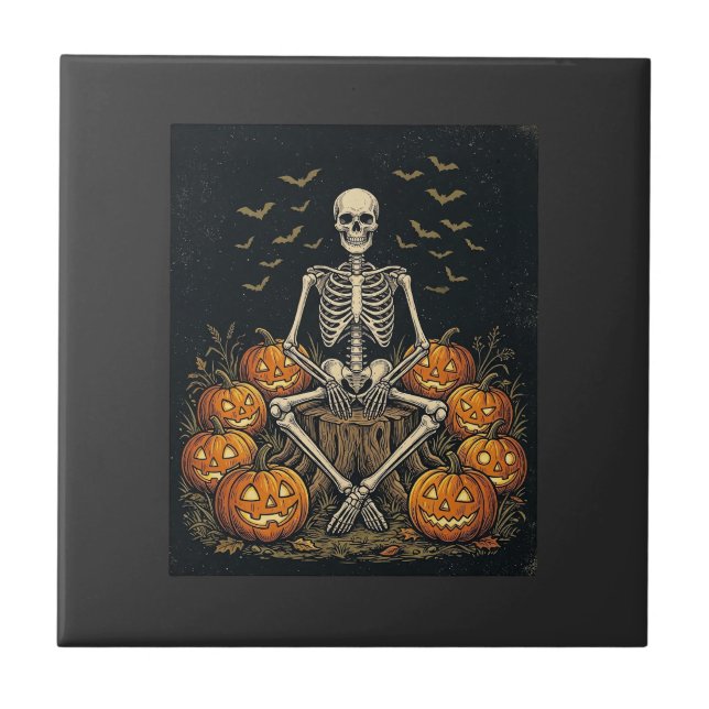 Halloween Skeleton Pumpkin Vintage Retro Design_1 Tile (Front)