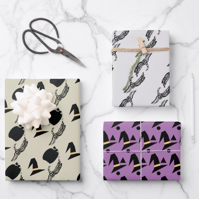 Halloween Skeleton Pumpkin Witch Pattern Wrapping Paper Sheet (Front)