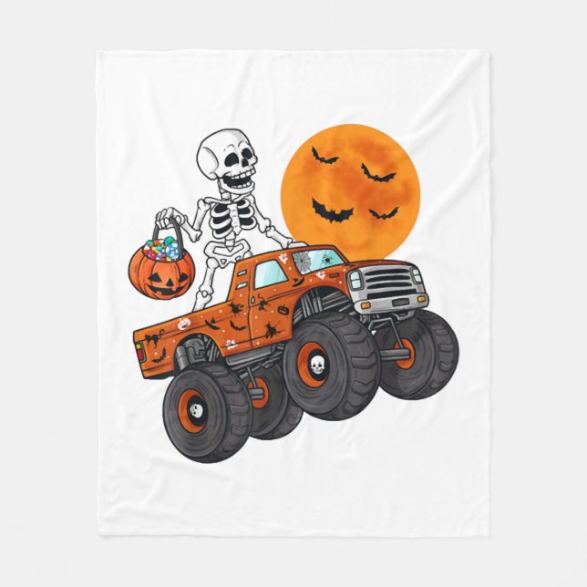 Halloween Skeleton Riding Monster Truck Fleece Blanket (Front)