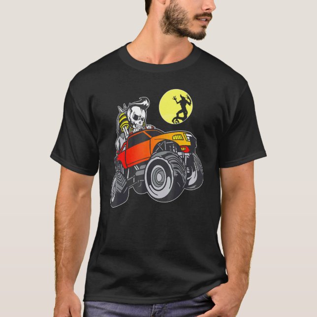 Halloween Skeleton Riding Monster Truck Kids T-Shirt (Front)