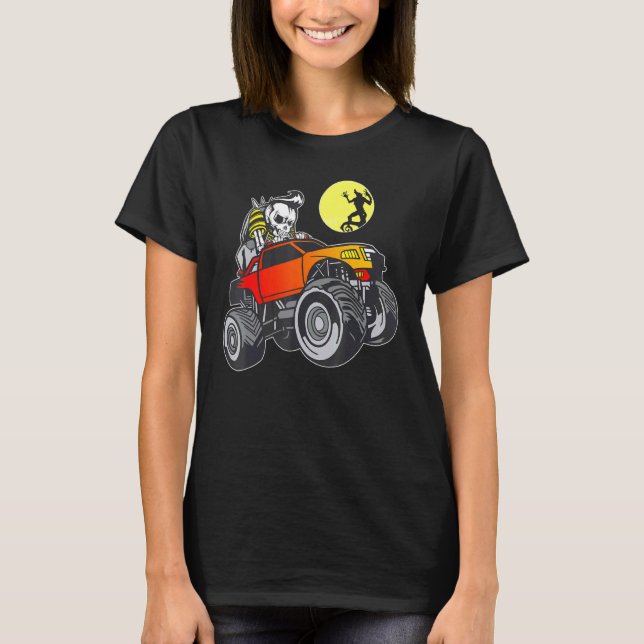 Halloween Skeleton Riding Monster Truck Kids T-Shirt (Front)