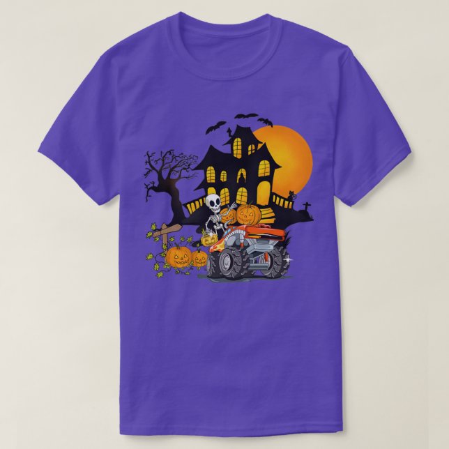 Halloween Skeleton Riding Monster Truck Pumpkin Bo T-Shirt (Design Front)