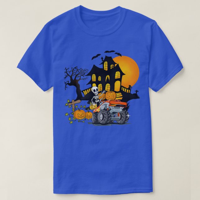 Halloween Skeleton Riding Monster Truck Pumpkin Bo T-Shirt (Design Front)