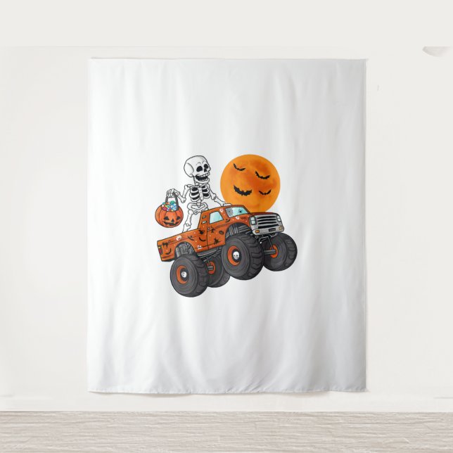 Halloween Skeleton Riding Monster Truck Tapestry (Front)