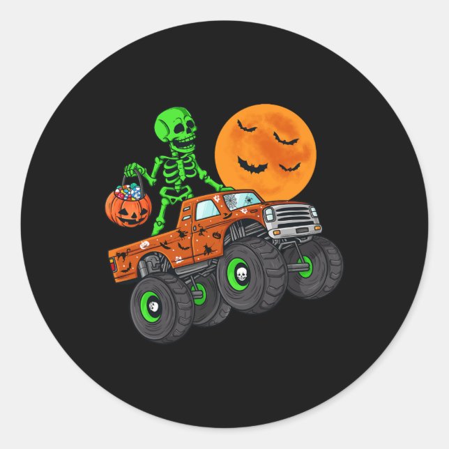Halloween Skeleton Riding Monster Truck Toddler Bo Classic Round Sticker (Front)