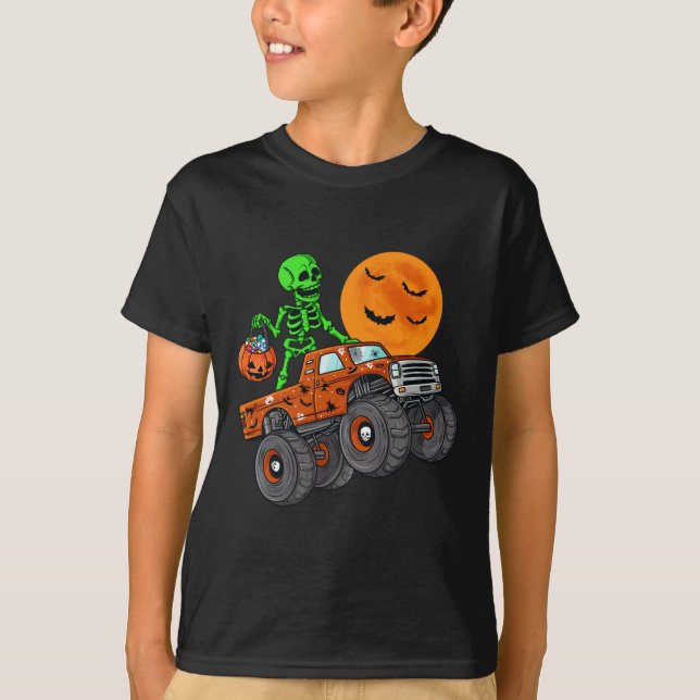 Halloween Skeleton Riding Monster Truck Toddler Bo T-Shirt (Front)