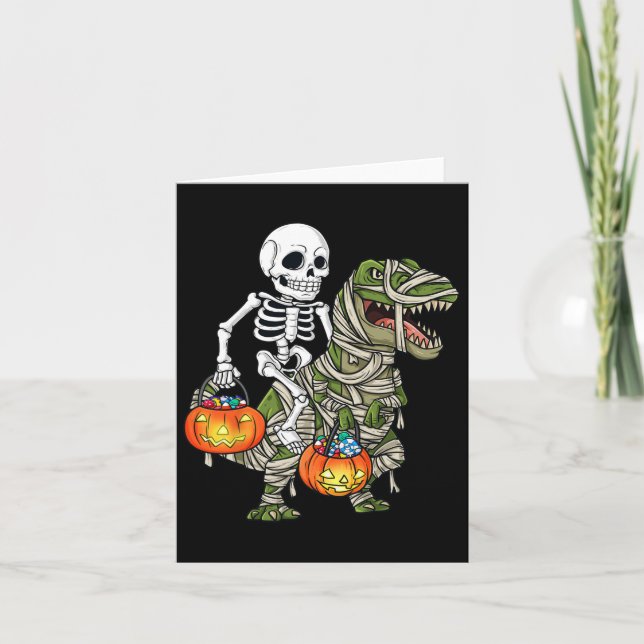 Halloween Skeleton Riding Mummy Dinosaur T Rex Fun Card (Front)
