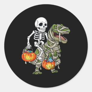 Halloween Skeleton Riding Mummy Dinosaur T Rex Fun Classic Round Sticker