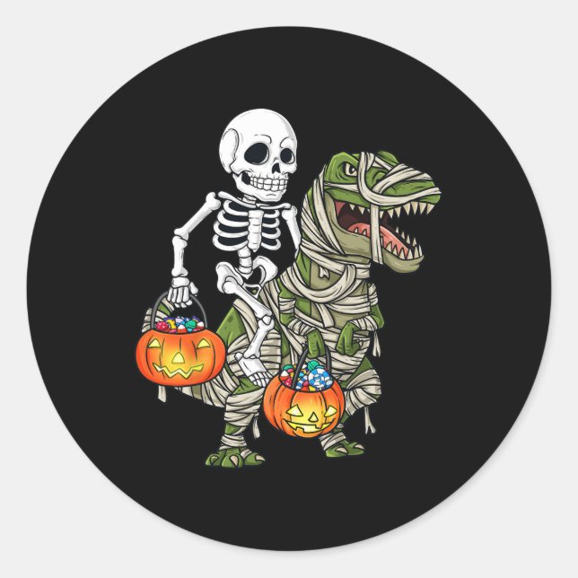 Halloween Skeleton Riding Mummy Dinosaur T Rex Fun Classic Round Sticker (Front)