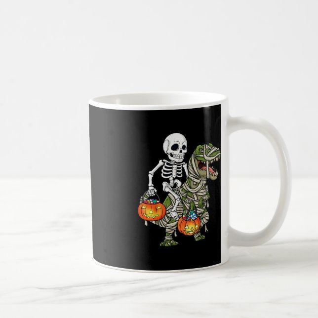 Halloween Skeleton Riding Mummy Dinosaur T Rex Fun Coffee Mug (Right)