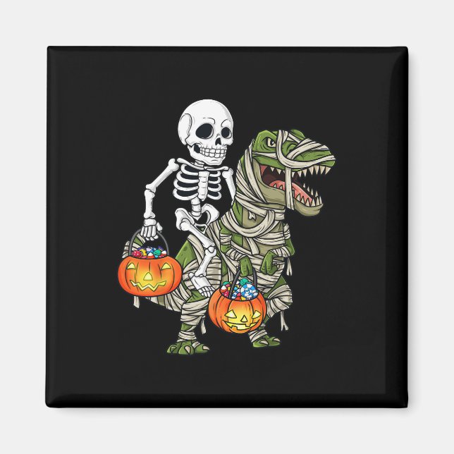 Halloween Skeleton Riding Mummy Dinosaur T Rex Fun Magnet (Front)