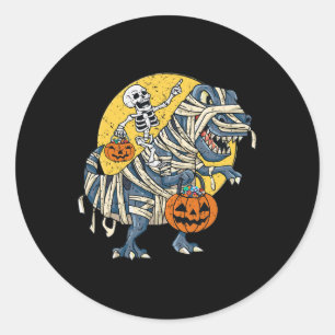 Halloween Skeleton Riding Mummy Dinosaur T Rex Pum Classic Round Sticker