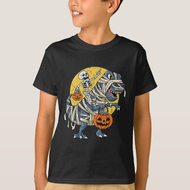 Halloween Skeleton Riding Mummy Dinosaur T rex Pum T-Shirt (Front)