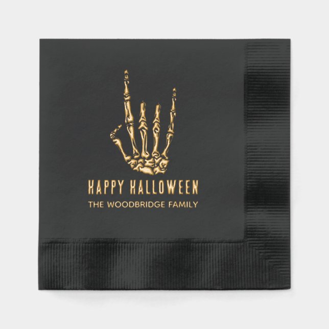 Halloween Skeleton Rock Hand Heavy Metal Foil Napkins (Front)