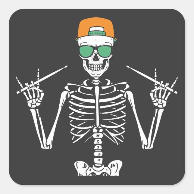 Halloween Skeleton Rock Hand Playing Drums Square Sticker (Front)