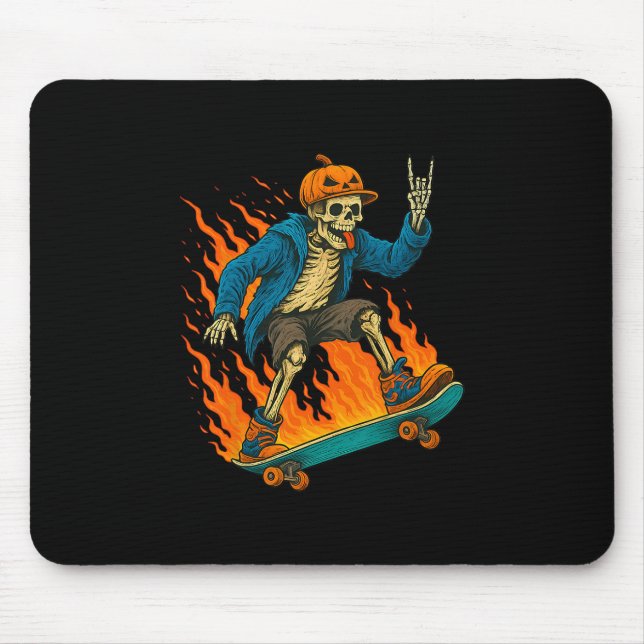 Halloween Skeleton Skateboarding Pumpkin Flame Spo Mouse Mat (Front)
