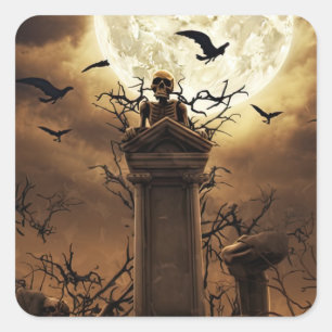 Halloween Skeleton Skull Graveyard Cemetery Gothic Square Sticker