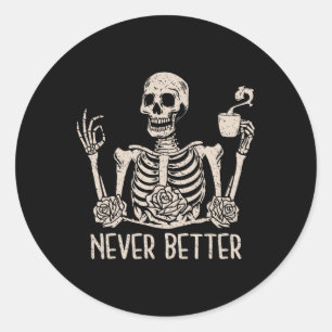 Halloween Skeleton Skull Women Drinking Coffee Nev Classic Round Sticker