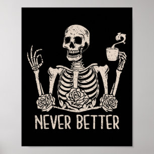 Halloween Skeleton Skull Women Drinking Coffee Nev Poster