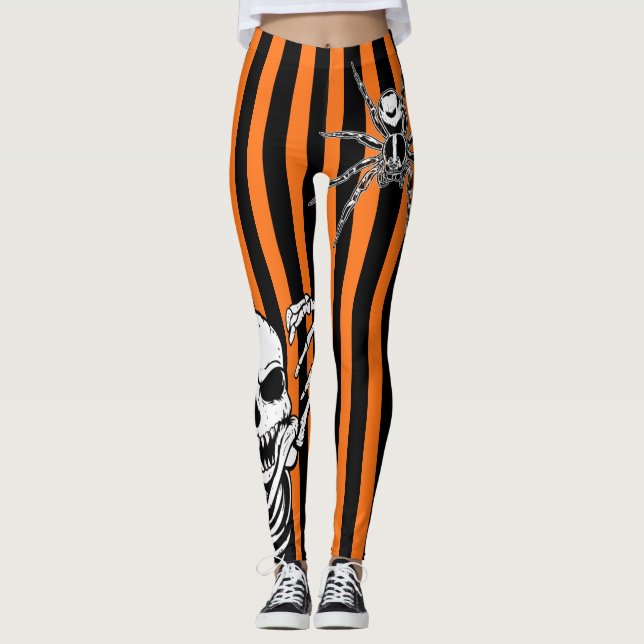 Halloween Skeleton Spider Orange Black Striped Leggings (Front)