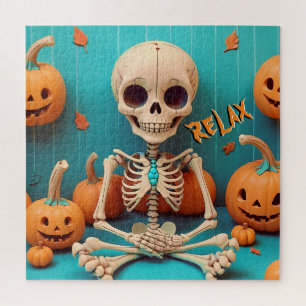 Halloween Skeleton Spooky Pumpkin Orange Cyan Text Jigsaw Puzzle