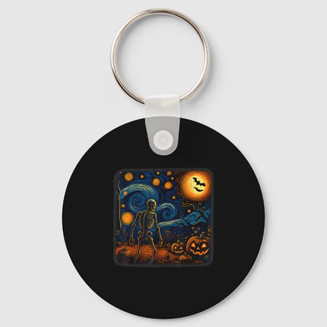 Halloween Skeleton Starry Night Van Gogh Pumpkin M Key Ring (Front)