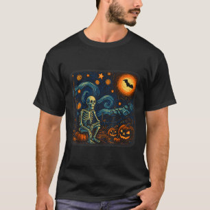 Halloween Skeleton Starry Night Van Gogh Pumpkin M T-Shirt