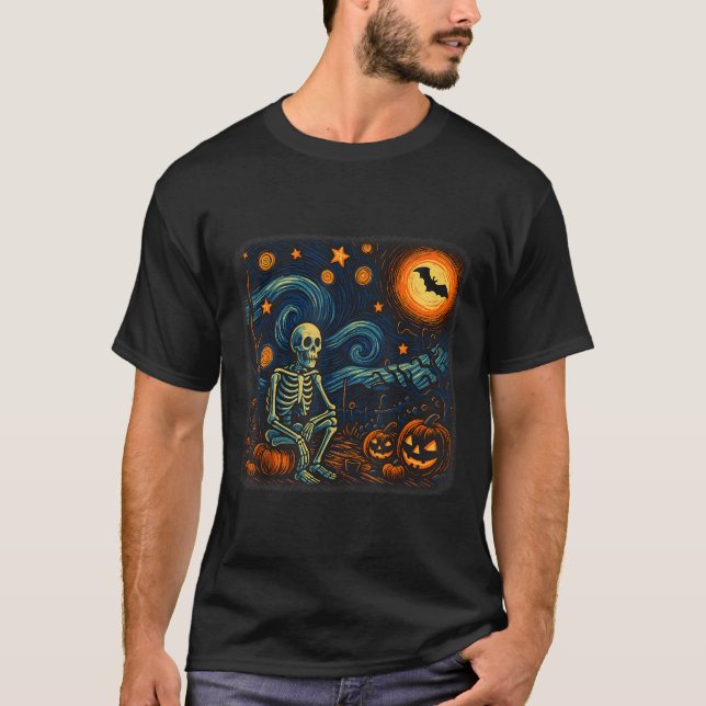 Halloween Skeleton Starry Night Van Gogh Pumpkin M T-Shirt (Front)