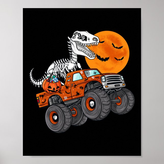 Halloween Skeleton T Rex Monster Truck Boys Kids T Poster (Front)