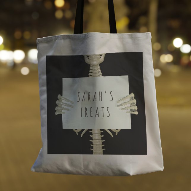 Halloween Skeleton Trick or Treat Personalised Tote Bag (Funny Halloween Spooky Skeleton Tote Bag for your spooky treats. Add your name!)