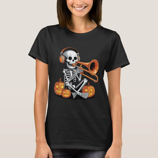 Halloween Skeleton Trombone Trombonist  T-Shirt (Front)