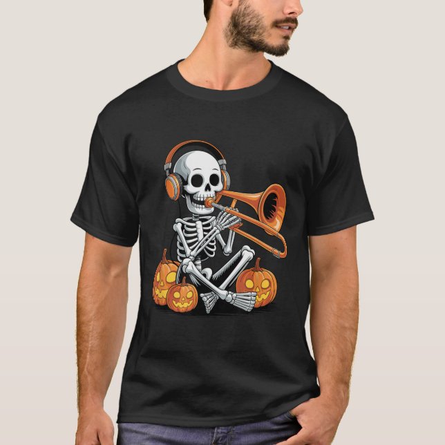 Halloween Skeleton Trombone Trombonist  T-Shirt (Front)