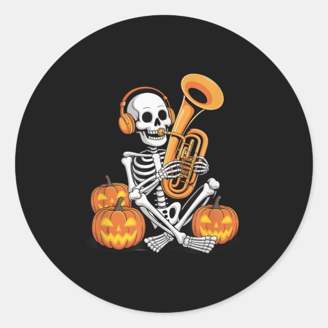Halloween Skeleton Tuba Tubist  Classic Round Sticker (Front)