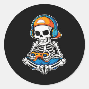 Halloween Skeleton Video Gamer Funny Gaming Boys M Classic Round Sticker