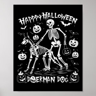 Halloween Skeleton Walking Doberman Dog Poster