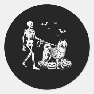 Halloween Skeleton Walking Samoyed Dog  Classic Round Sticker