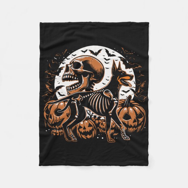 Halloween Skeleton Walking Skeletal Doberman Dog  Fleece Blanket (Front)