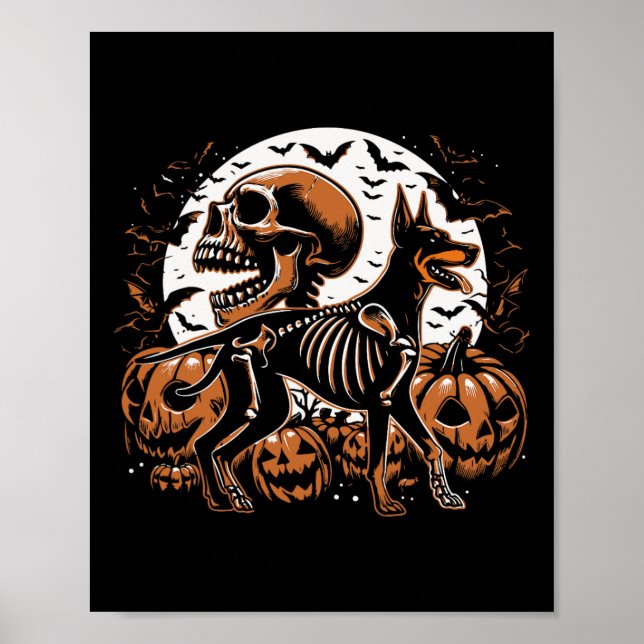 Halloween Skeleton Walking Skeletal Doberman Dog  Poster (Front)