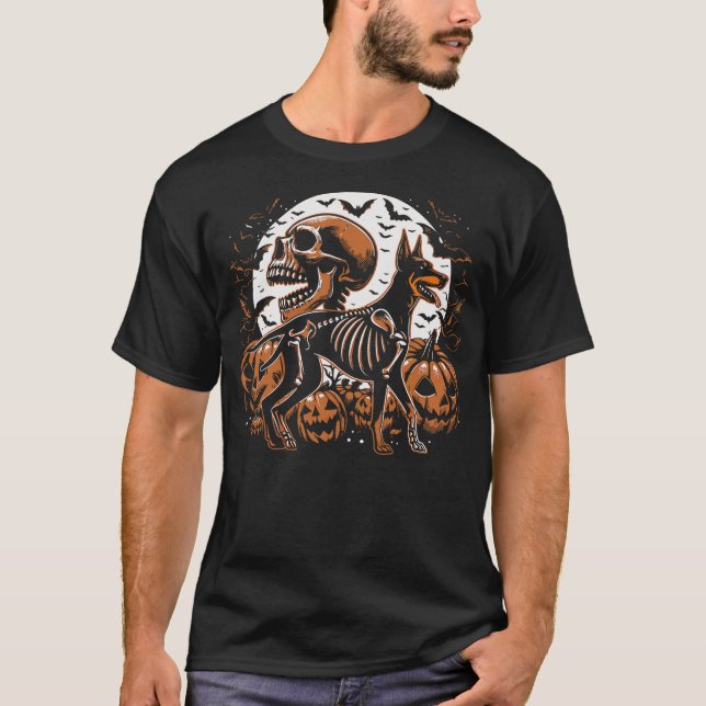Halloween Skeleton Walking Skeletal Doberman Dog T-Shirt (Front)