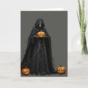 Halloween Skeleton Wearing Black Hooded Cloak Cut  Holiday Card