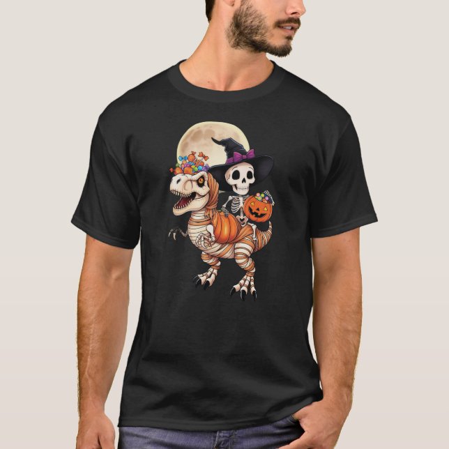 Halloween Skeleton Witch Hat Mummy Dinosaur T Rex  T-Shirt (Front)