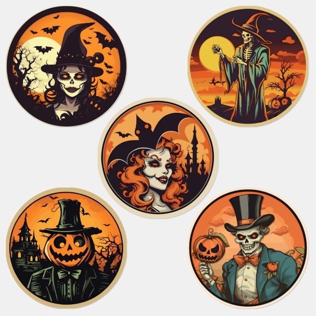 Halloween Skeleton Witch & Pumpkin Sticker Sheet – (Group)