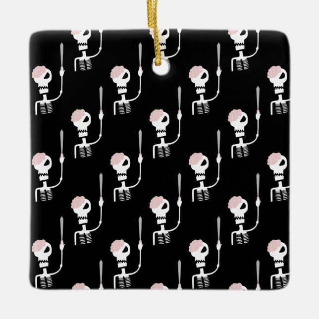 Halloween skeleton with a sword  ceramic ornament (Front)