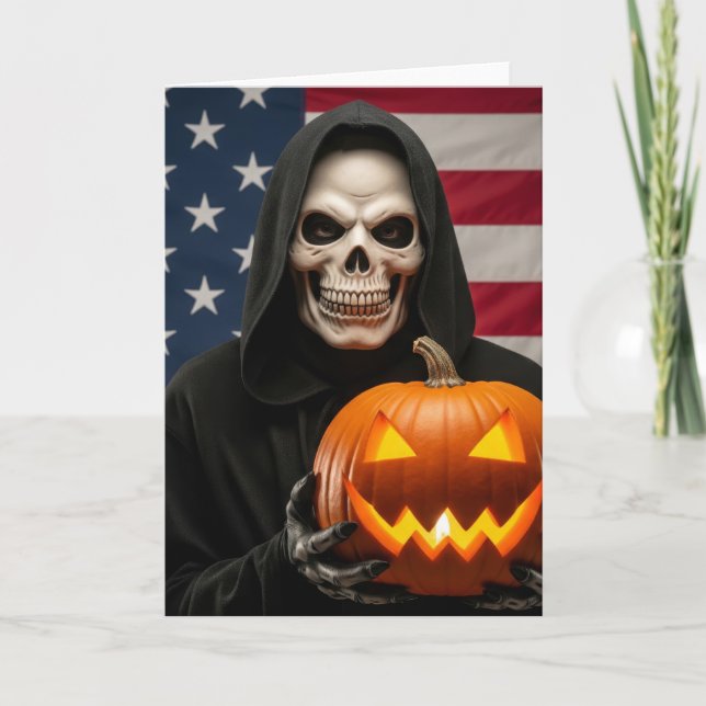 Halloween skeleton with carved pumpkin card (Front)