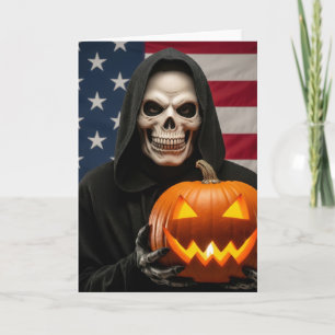 Halloween skeleton with carved pumpkin card