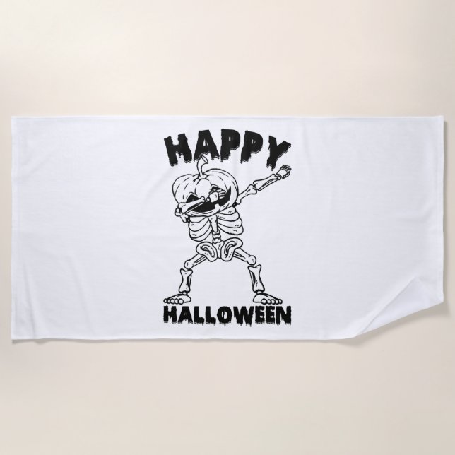 Halloween Skeleton with Pumpkin - Happy Halloween Beach Towel (Front)