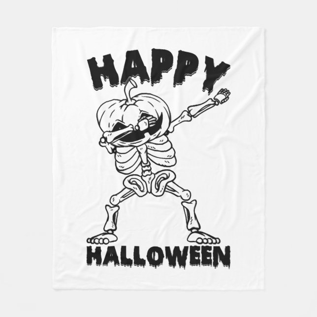 Halloween Skeleton with Pumpkin - Happy Halloween Fleece Blanket (Front)
