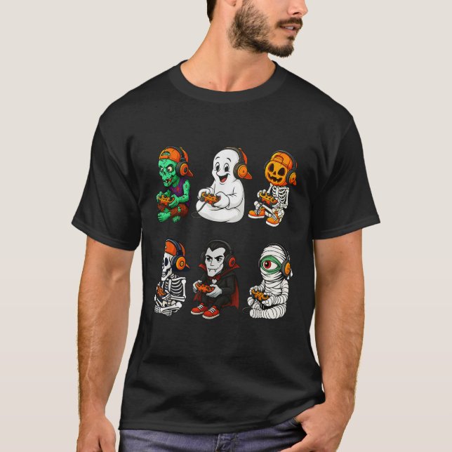 Halloween Skeleton, Zombie Gamer Video Gaming  T-Shirt (Front)