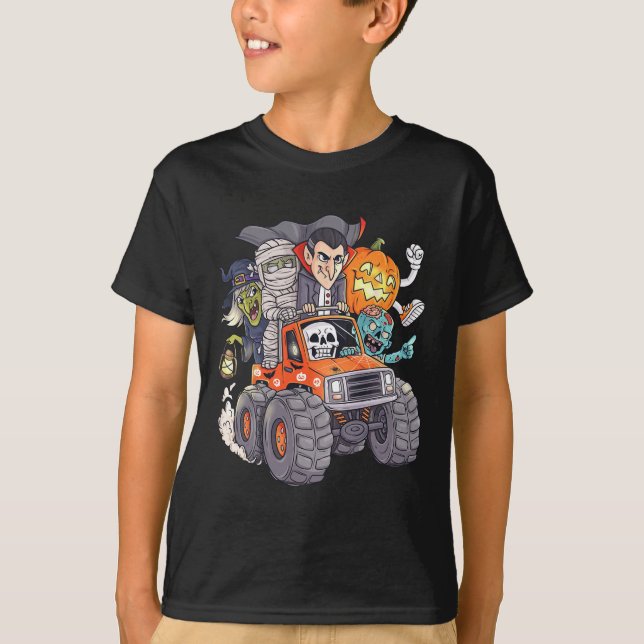 Halloween Skeleton Zombie Monster Truck Vampire Bo T-Shirt (Front)