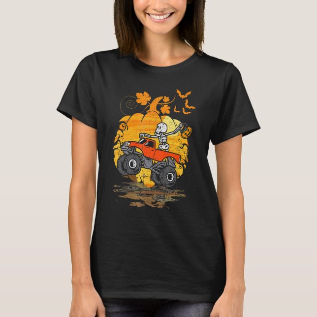 Halloween Skeleton Zombie Riding Monster Truck Vam T-Shirt (Front)